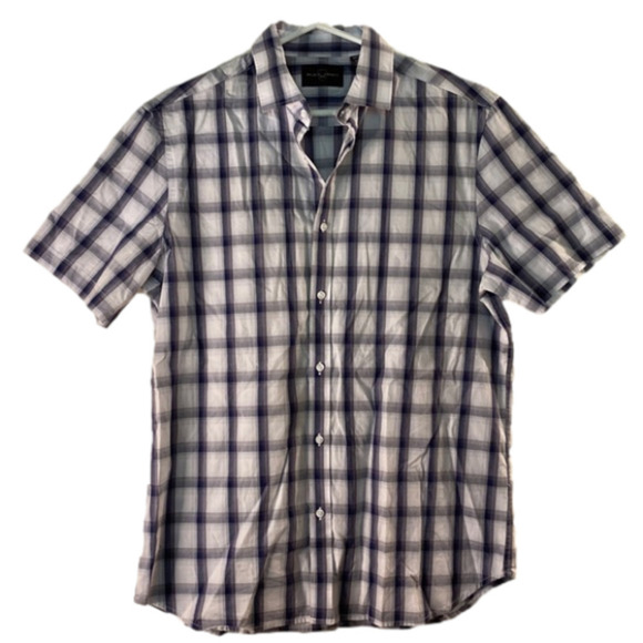 Black Brown 1826 Men's Black Grey White Plaid Button Up Short Sleeved Shirt - Picture 1 of 7